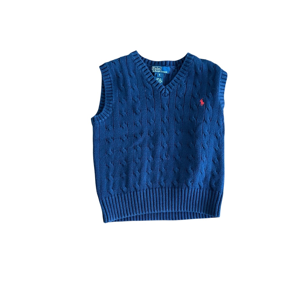 Polo Ralph Lauren Boys Navy Blue Cable Knit Cotton V-Neck Sweater Vest Size 5
